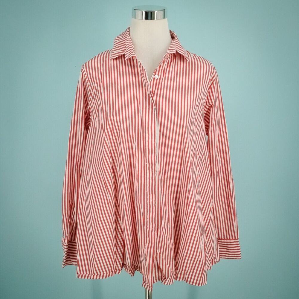 Comfy USA Size Medium M Red Stripe Print Button Long Sleeve A Line Swing Top